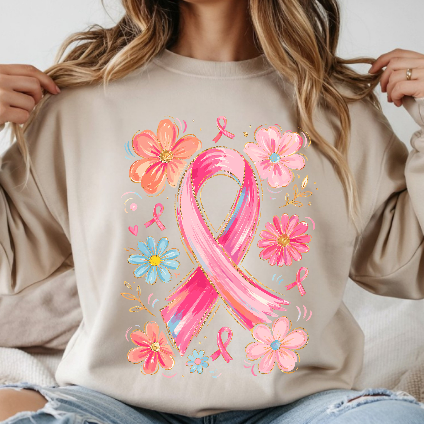 Floral Ribbon - Gildan Crew Sweatshirt