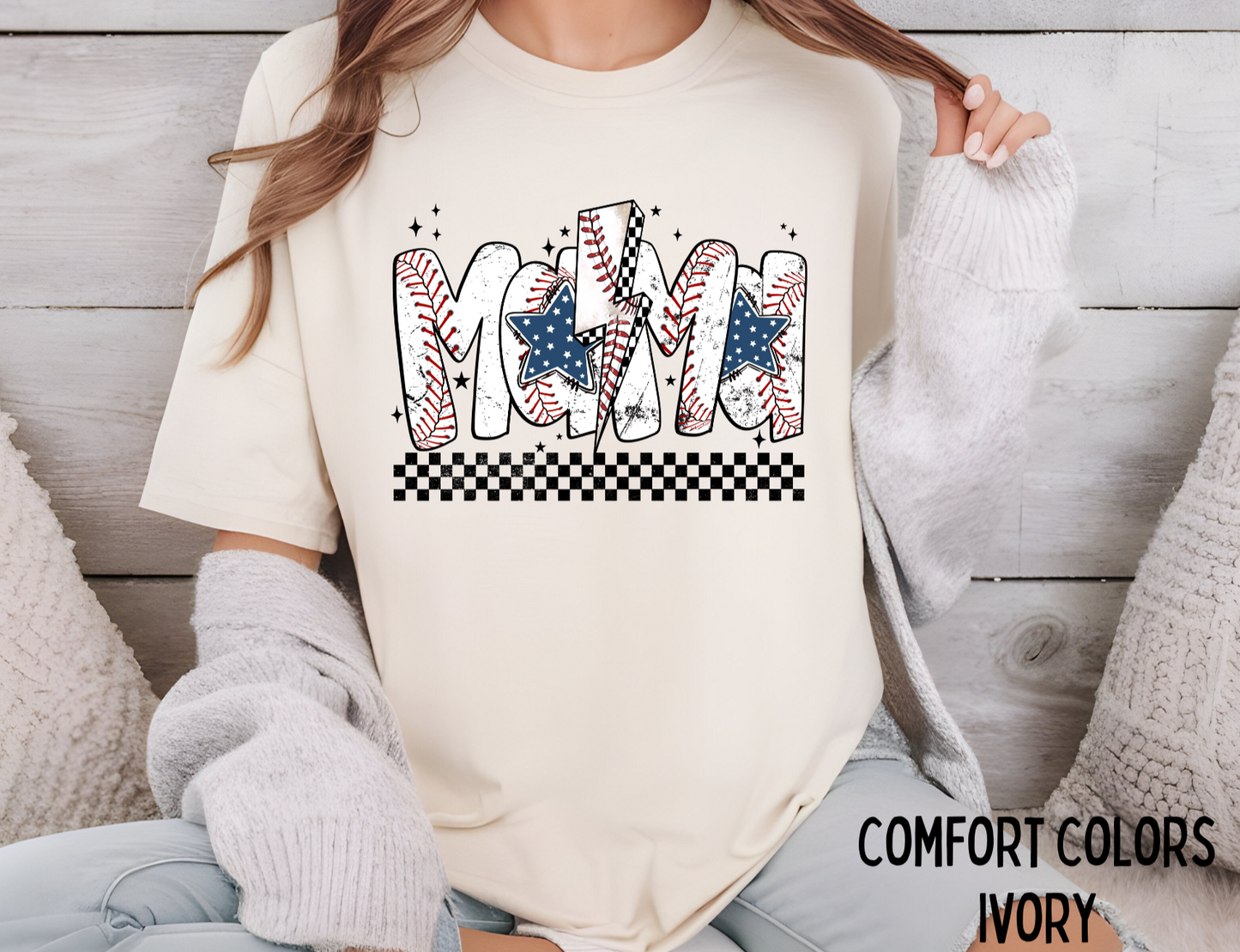 Mama Baseball Checkered Lightning Short Sleeve T-Shirt
