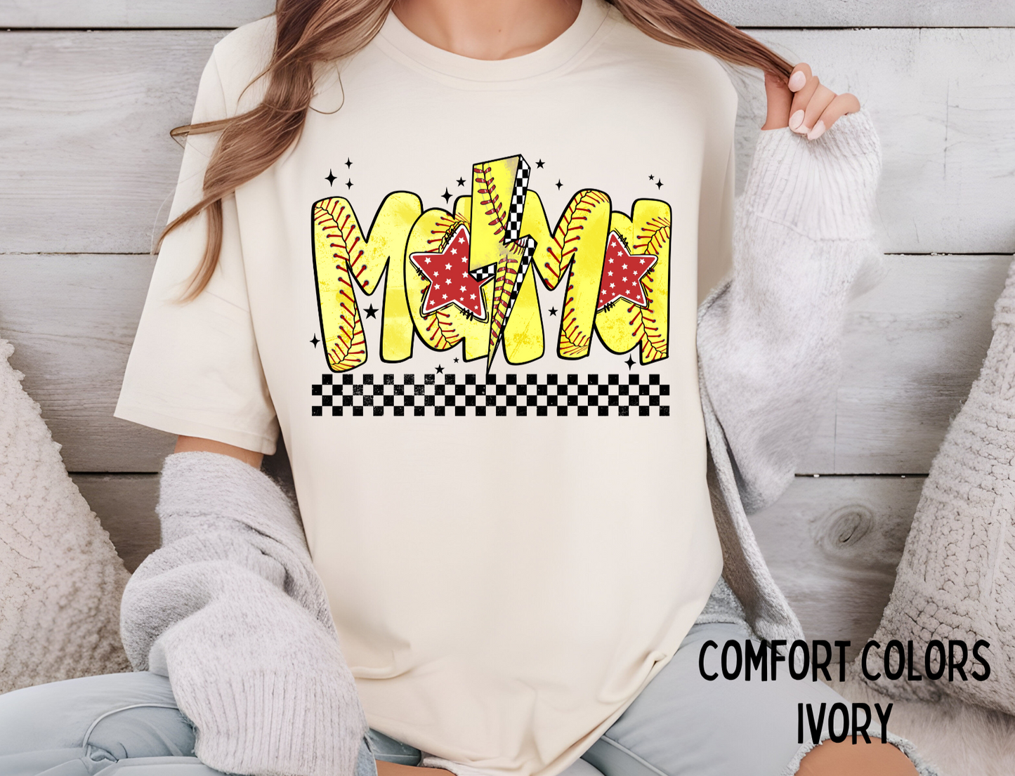 Mama Softball Checkered Lightning Short Sleeve T-Shirt