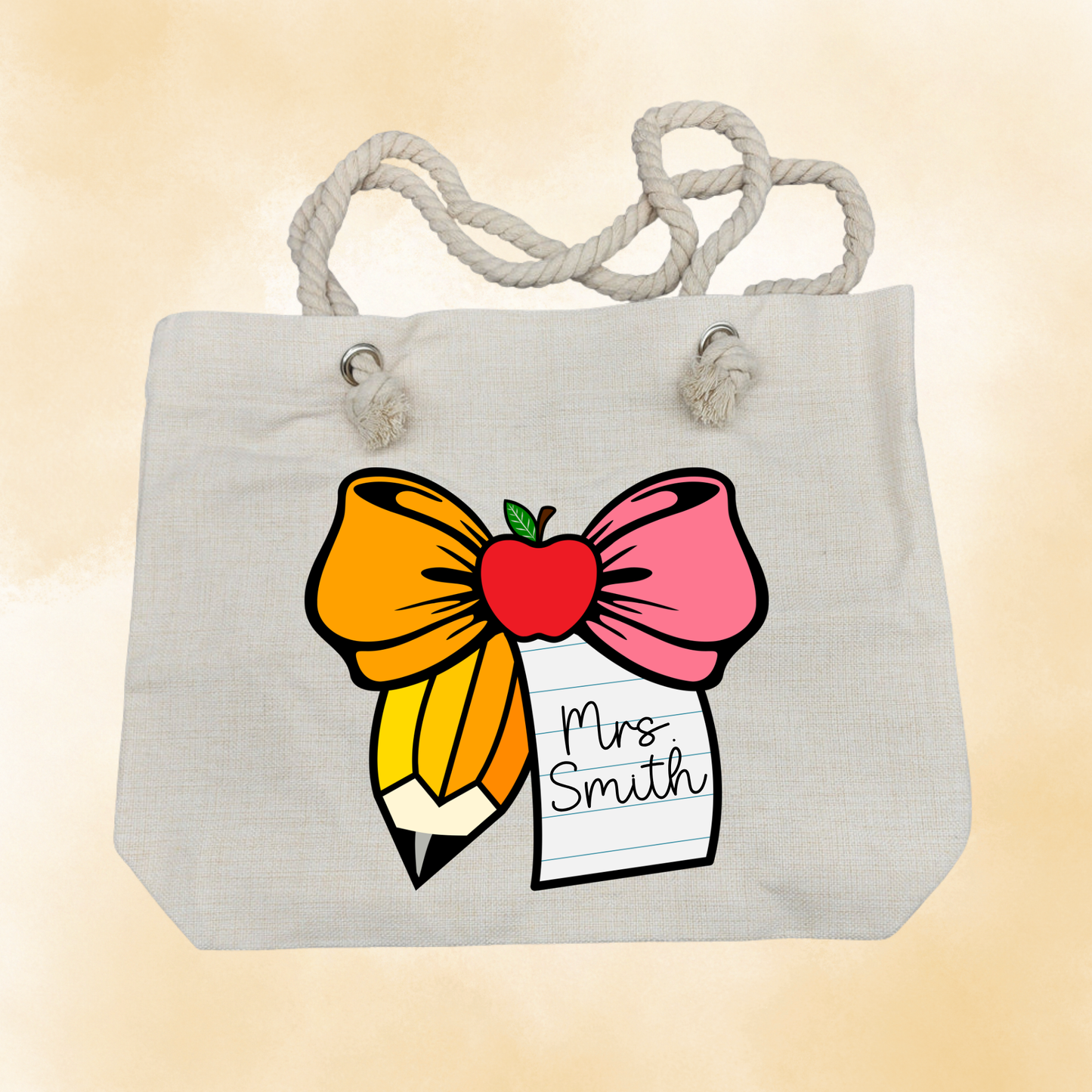 Pencil Bow Custom Name Teacher Tote Bag