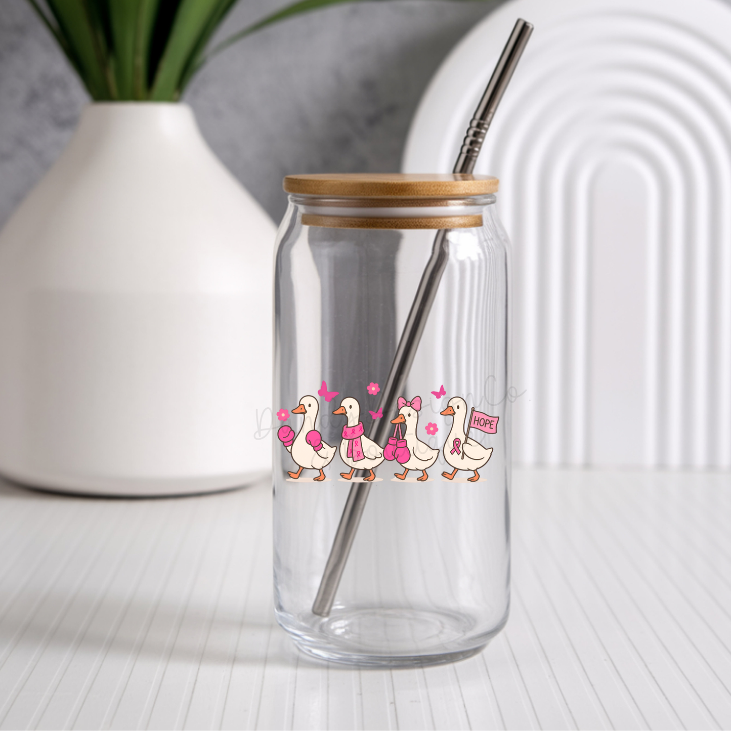 Breast Cancer Awareness Goose - Bamboo Lid Glass Cup