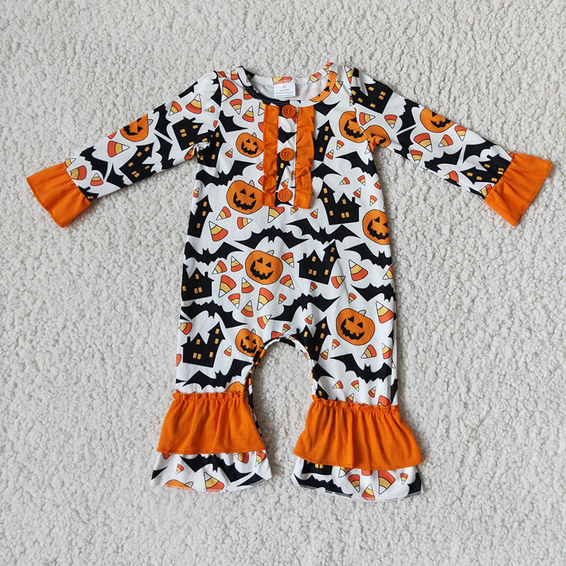*PRE-ORDER* Pumpkin Candy Corn Ruffle Romper