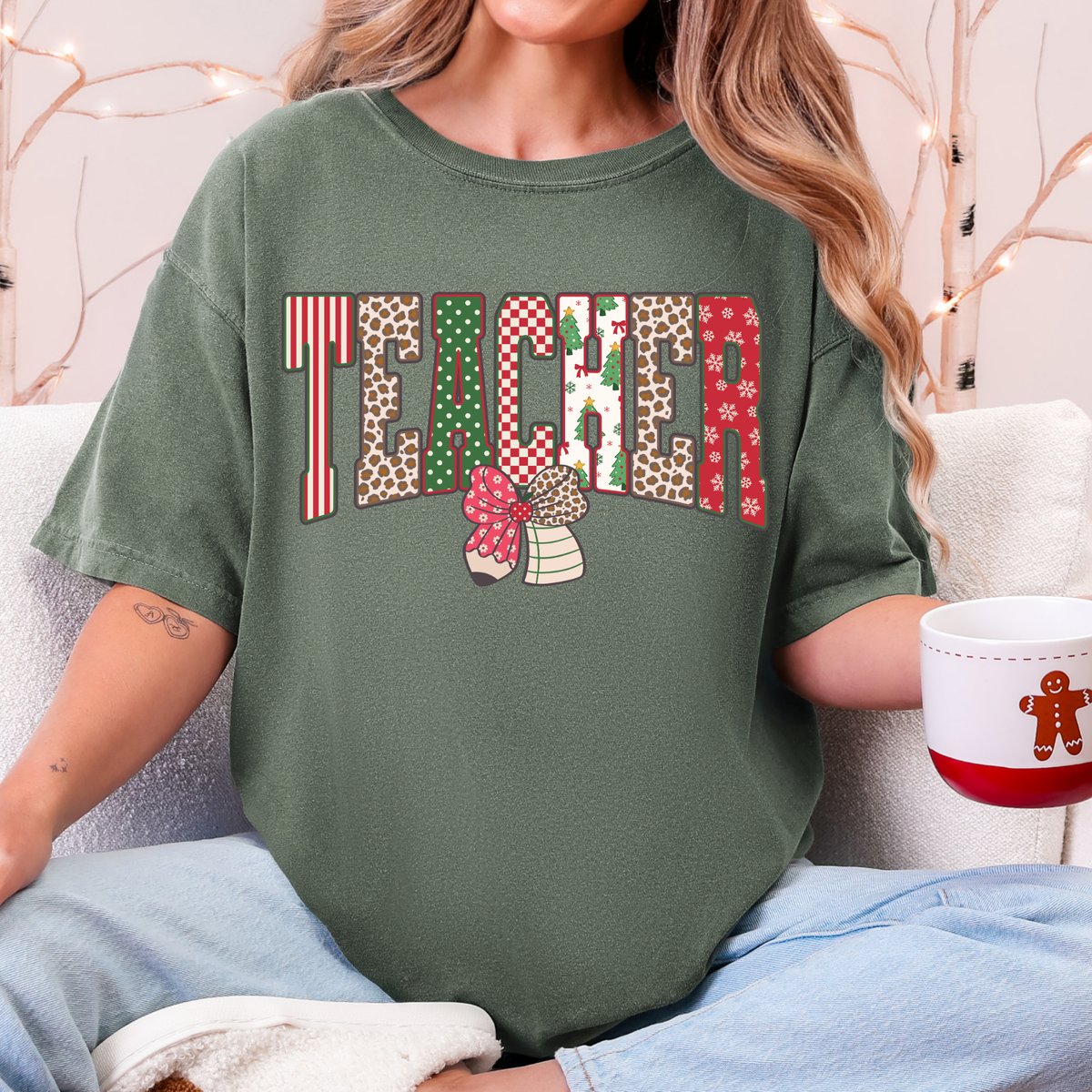 Teacher Holiday Doodle Pencil Bow - Short Sleeve