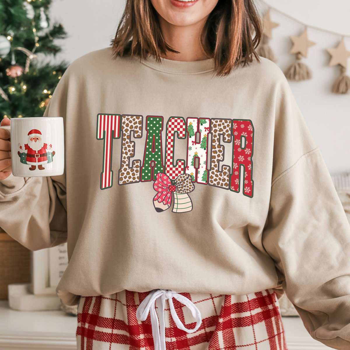 Teacher Holiday Doodle Pencil Bow - Sweatshirt