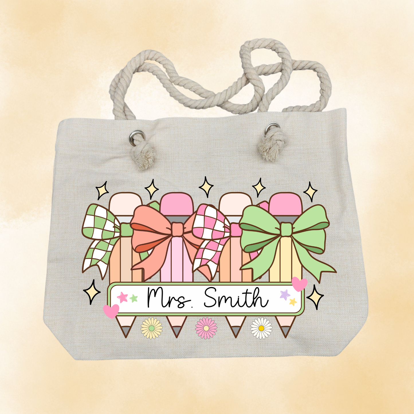 Checkered Pencil Custom Name Teacher Tote Bag