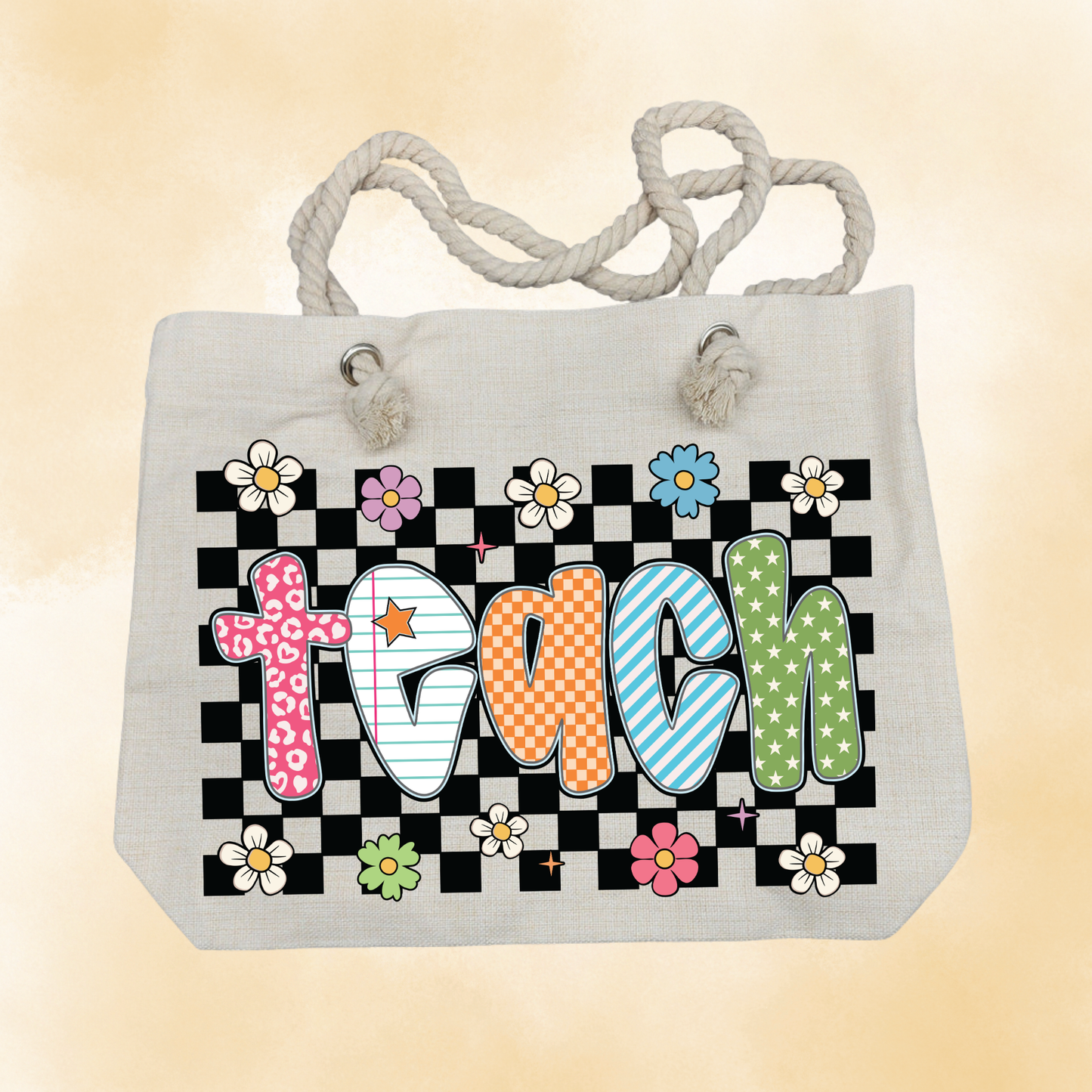 Teach Checkered Doodle Tote Bag