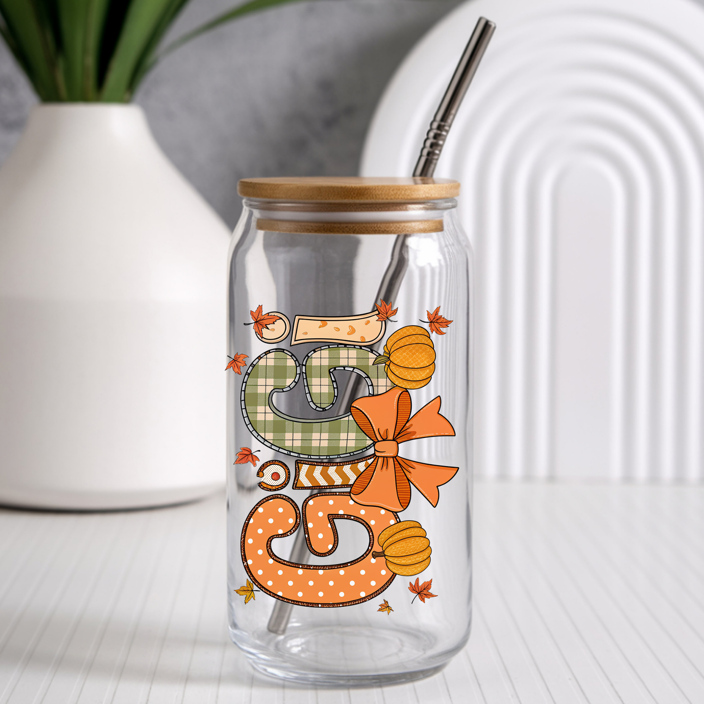 Fall Bow Mama/Nana/Gigi/Mimi - Bamboo Lid Glass Cup