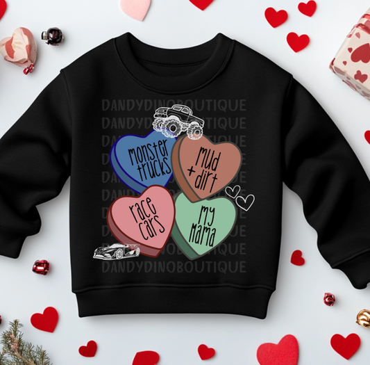 Race Cars Candy Heart Valentine's Sweatshirt/Short Sleeve