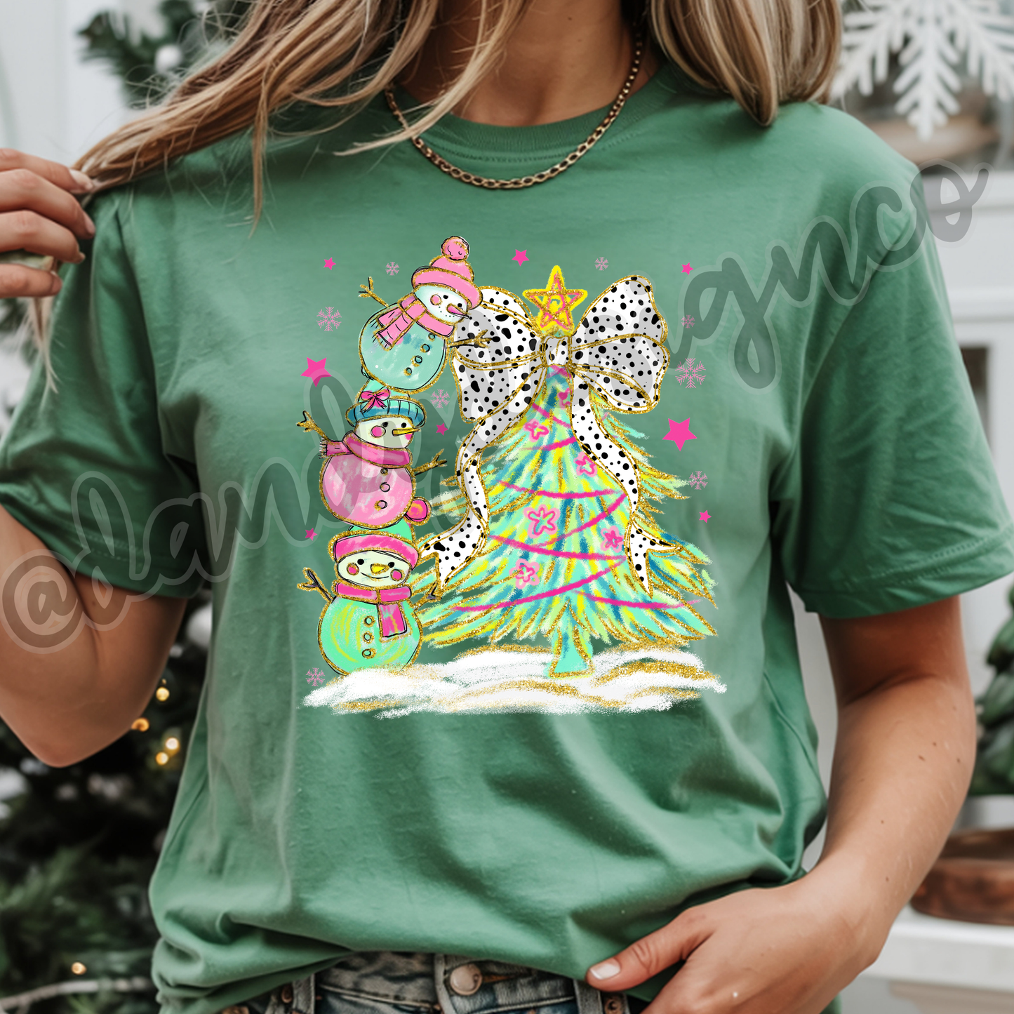 Stacked Snowmen Tree Pink - Short Sleeve