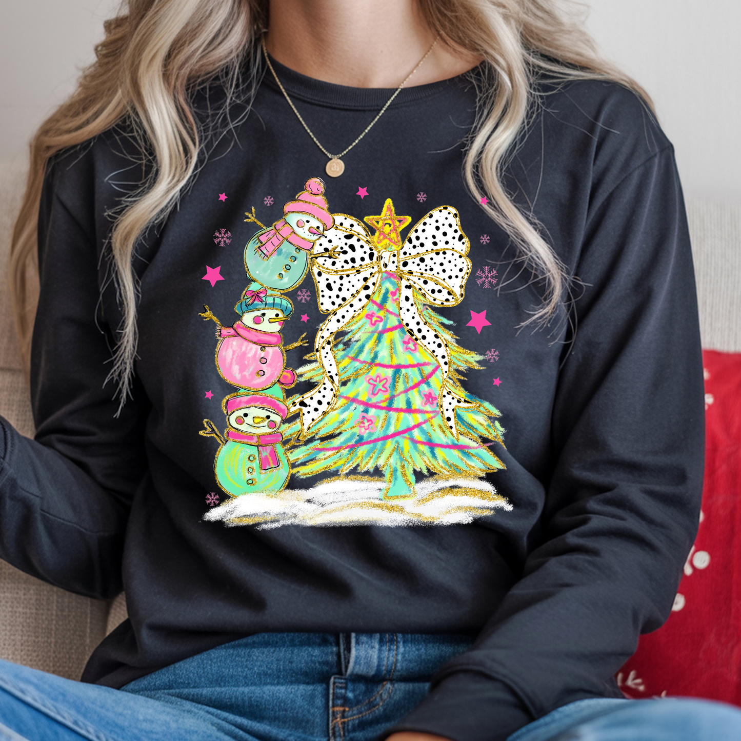 Stacked Snowmen Tree Pink - Long Sleeve