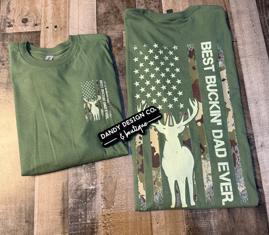 L Best Buckin Dad Ever Long Sleeve Green Tee