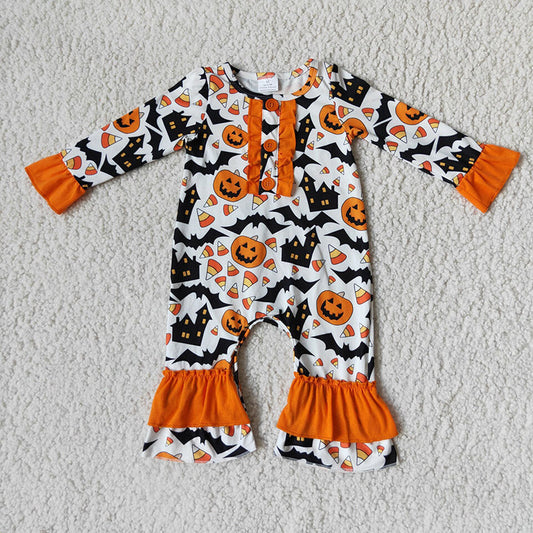 *PRE-ORDER* Pumpkin Candy Corn Ruffle Romper