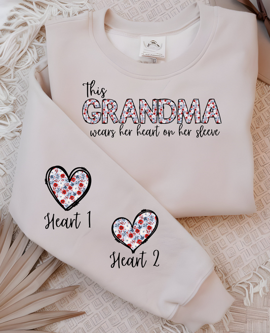 This Grandma/Nana/Mama Red/White/Blue Floral Heart On Sleeve Sweatshirt