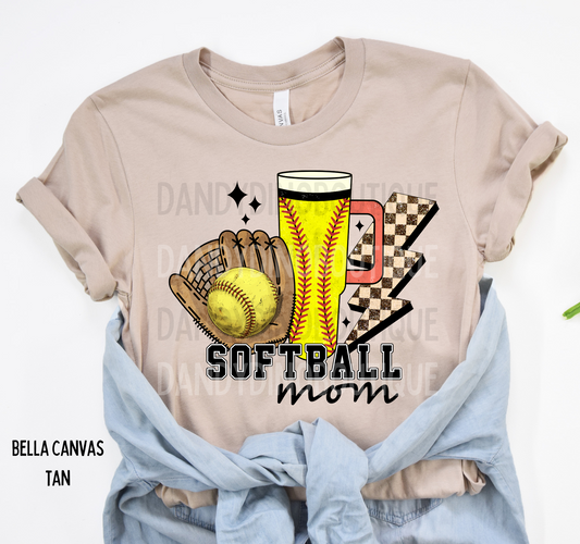 Softball Mom Glove Cup Checkered Lightning Short Sleeve Shirt